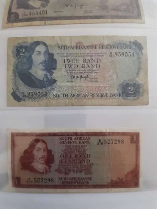 TW de Jongh Set of R1, R2, R5 and R10 South African Banknotes